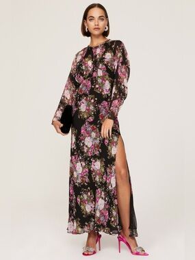 LoveShackFancy Black floral gown with a slit size 4